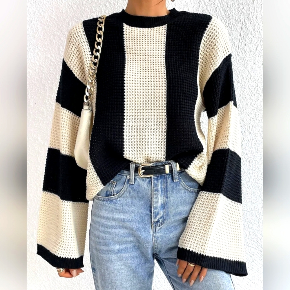 Bell Sleeve Chunky Striped Casual Crew Neck Knit Sweater - Picture 4 of 5